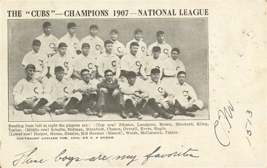 1907 Chicago Cubs World Champions F.P. Burke Team Photo Post Card